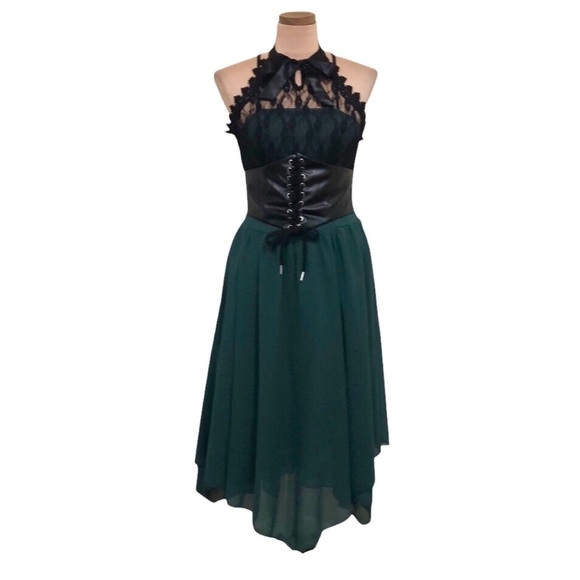Hot Topic Midi Dress Size Small Dark Green Black Lace Corset - Picture 1 of 8